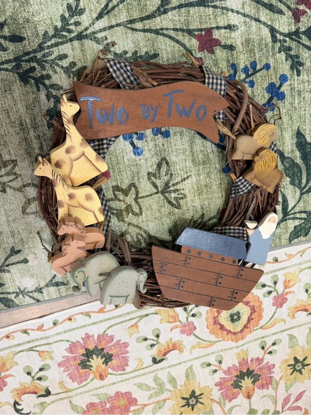 Vintage Noah’s Ark Nursery Wreath Handmade Wooden 3D Christianity Noah’s Ark